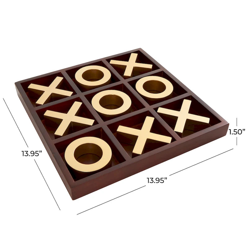 Jeu de morpion en bois marron avec pions X et O dorés