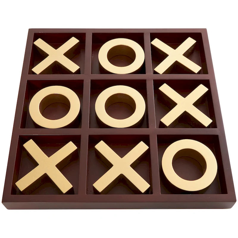 Jeu de morpion en bois marron avec pions X et O dorés