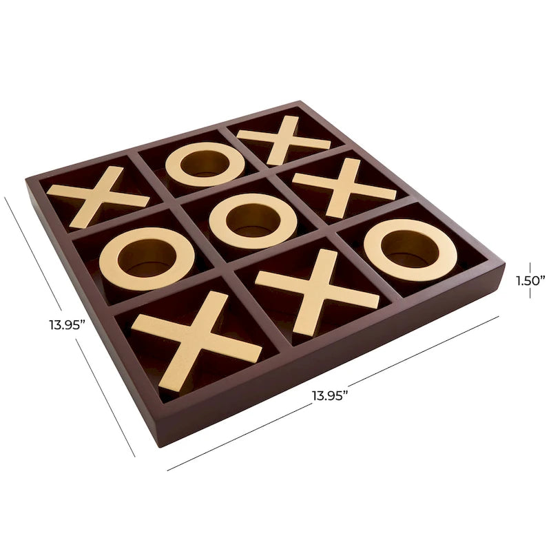Jeu de morpion en bois marron avec pions X et O dorés