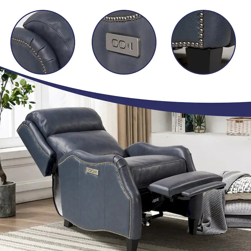 Fauteuil inclinable électrique double avec garniture cloutée en cuir véritable et port USB, idéal pour le home cinéma.