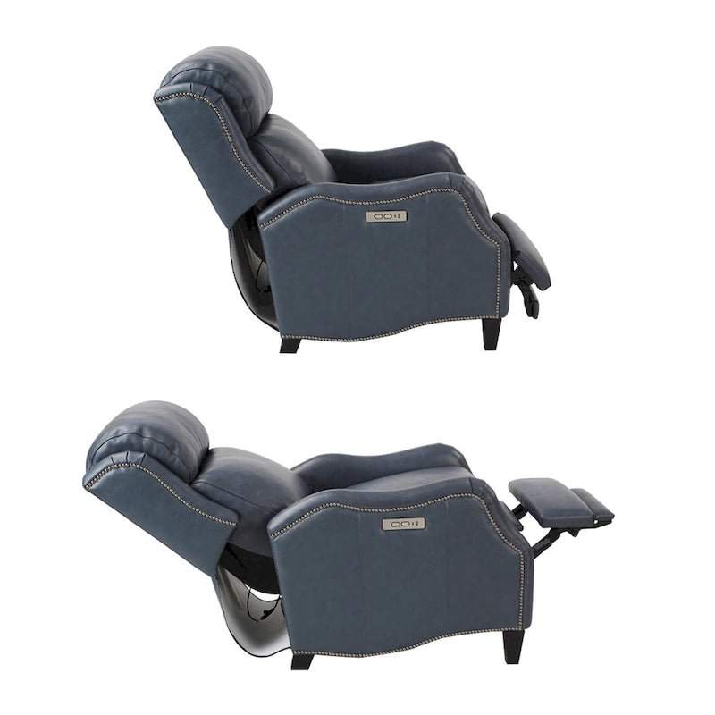 Fauteuil inclinable électrique double avec garniture cloutée en cuir véritable et port USB, idéal pour le home cinéma.