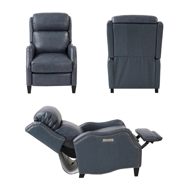 Fauteuil inclinable électrique double avec garniture cloutée en cuir véritable et port USB, idéal pour le home cinéma.