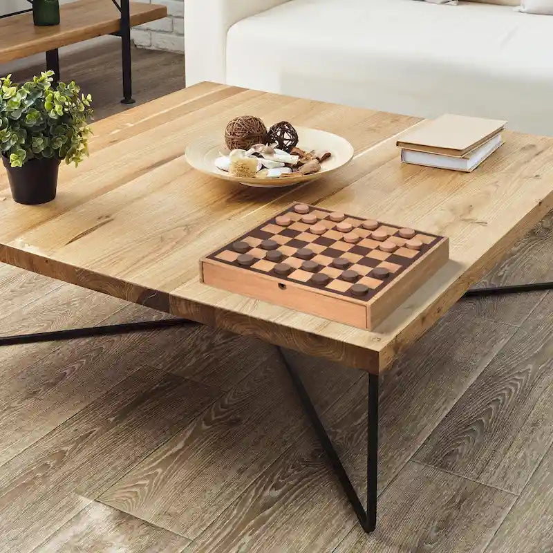 American Art Decor Wood Chess & Checkers Board Game Set with Drawer Tabletop Decor - 2.5  H x 16  L x 16  D