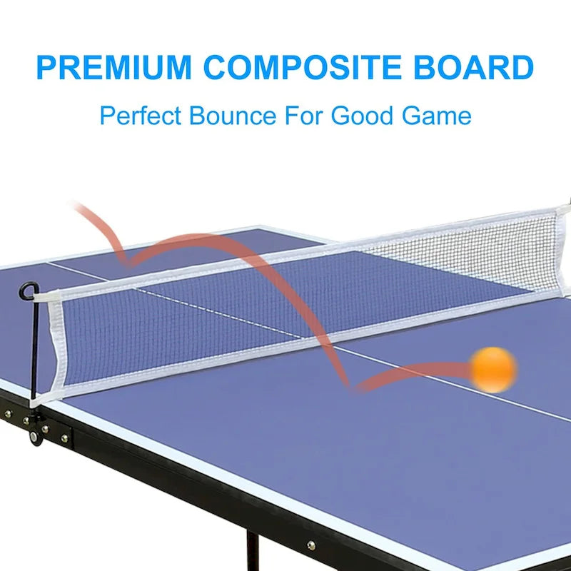 Table de ping-pong pliable et portable avec filet et 2 raquettes pour jouer en intérieur et en extérieur.