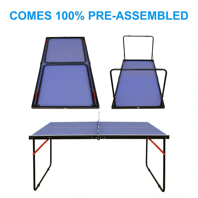 Table de ping-pong pliable et portable avec filet et 2 raquettes pour jouer en intérieur et en extérieur.