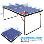 Table de ping-pong pliable et portable avec filet et 2 raquettes pour jouer en intérieur et en extérieur.