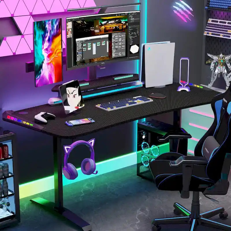 71  Gaming Table Office Computer Desk Gamer Workstation with Monitor Shelf LED Light Mouse Pad