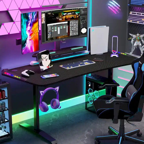 71  Gaming Table Office Computer Desk Gamer Workstation with Monitor Shelf LED Light Mouse Pad