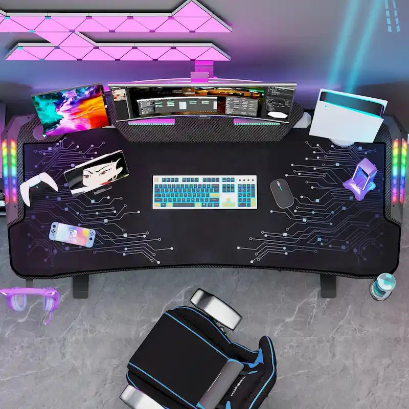 Bureau de jeu 71 pouces avec étagère pour écran, éclairage LED et tapis de souris. Poste de travail pour gamer.