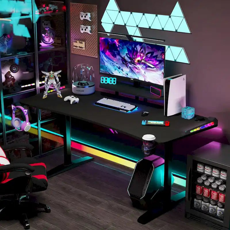 Bureau de jeu 71 pouces avec étagère pour écran, éclairage LED et tapis de souris. Poste de travail pour gamer.