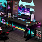 Bureau de jeu 71 pouces avec étagère pour écran, éclairage LED et tapis de souris. Poste de travail pour gamer.