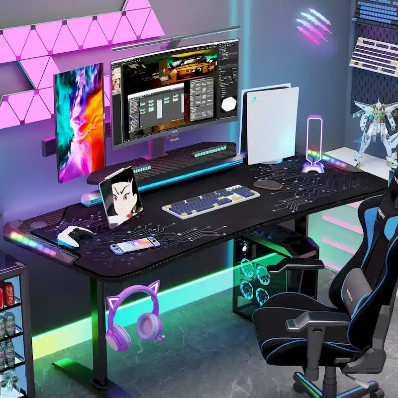 Bureau de jeu 71 pouces avec étagère pour écran, éclairage LED et tapis de souris. Poste de travail pour gamer.