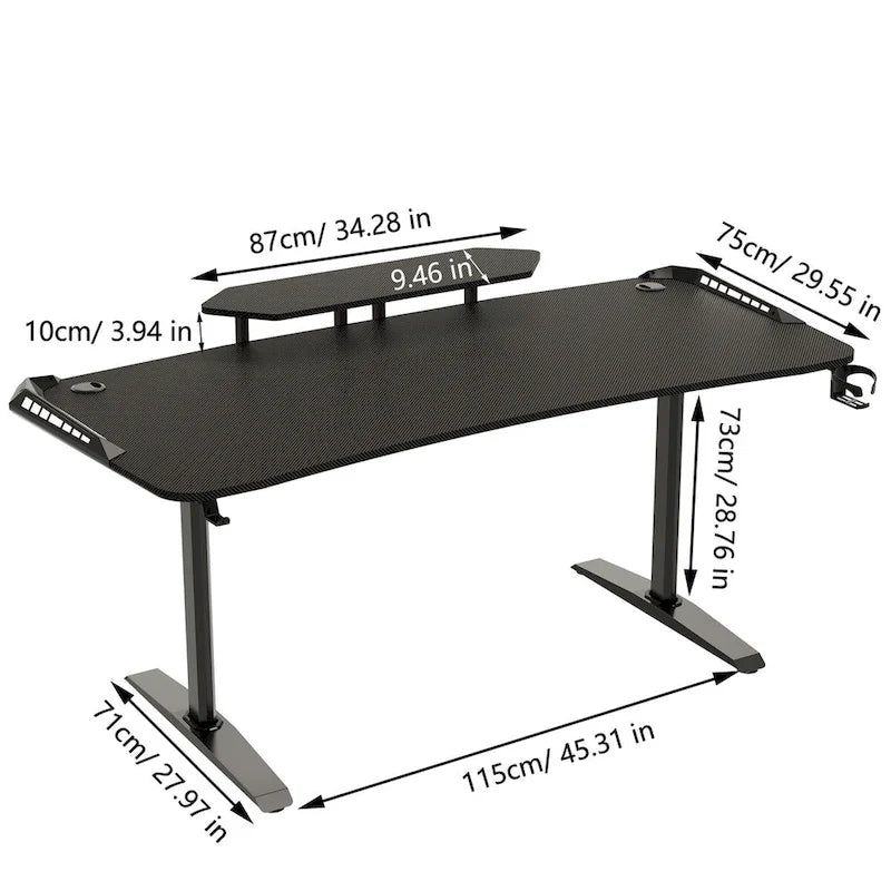 Bureau de jeu 71 pouces avec étagère pour écran, éclairage LED et tapis de souris. Poste de travail pour gamer.