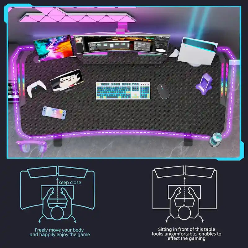 Bureau de jeu 71 pouces avec étagère pour écran, éclairage LED et tapis de souris. Poste de travail pour gamer.