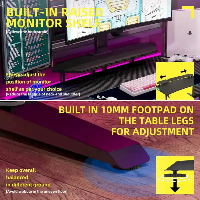 Bureau de jeu 71 pouces avec étagère pour écran, éclairage LED et tapis de souris. Poste de travail pour gamer.