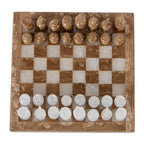 Jeu d'échecs Novica fait main en onyx et marbre brun et blanc (7,5 pouces)
